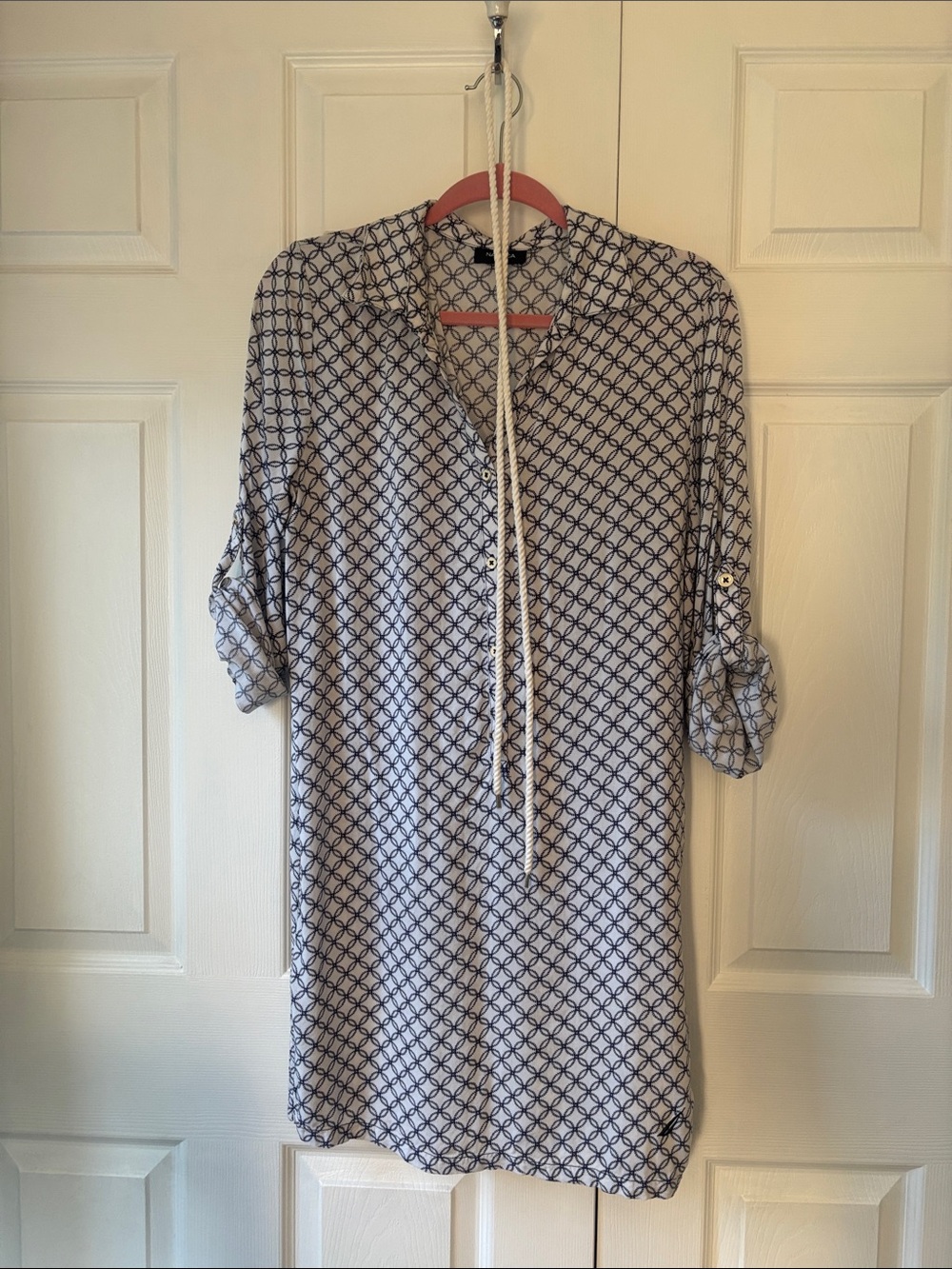 Nautica Navy & White Geometric Print Tie Waist Midi Shirt Dress | Size S - Picture 6 of 8